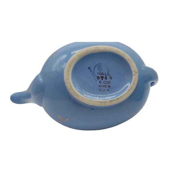 Tea Pot Hall Cadet Blue 1940s Hooked Lid Gold Trim 6 Cup - Picture 3 of 11